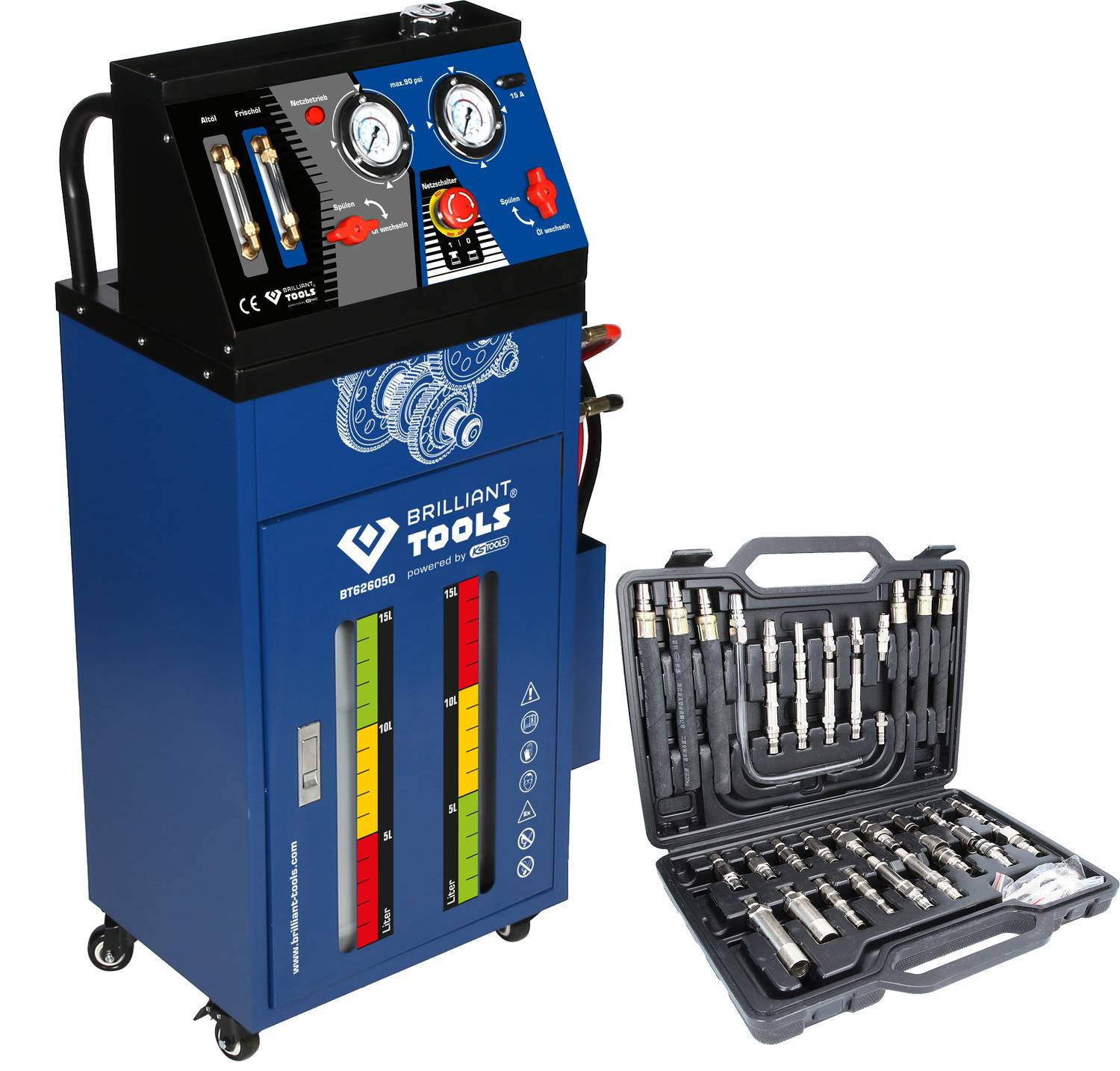 Werkzeuggerät zur Fahrzeugwartung mit Bedienfeld und Druckanzeigen. Nebendran ein geöffneter Koffer mit verschiedenen Aufsätzen.