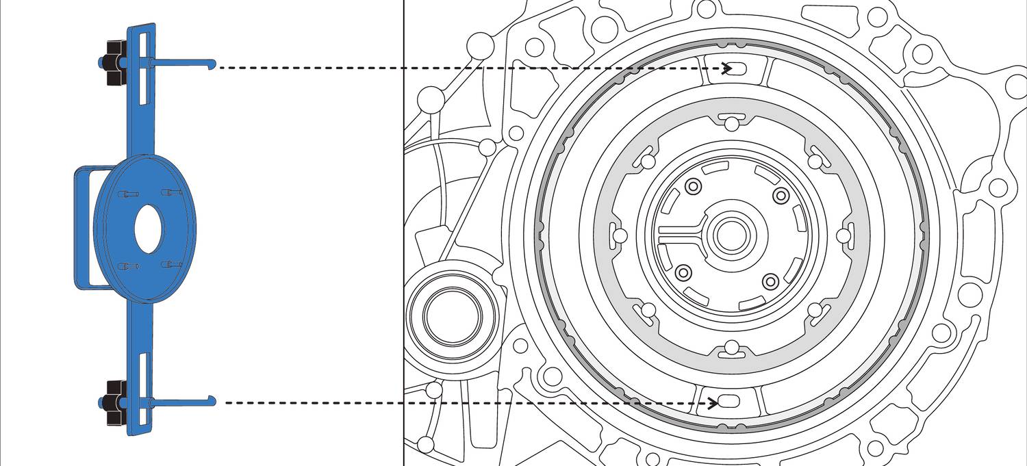 Technische Zeichnung eines Werkzeugs zum Ausrichten von Motorteilen. Links Werkzeug in Blau, rechts Einzelheiten des Motorgehäuses.