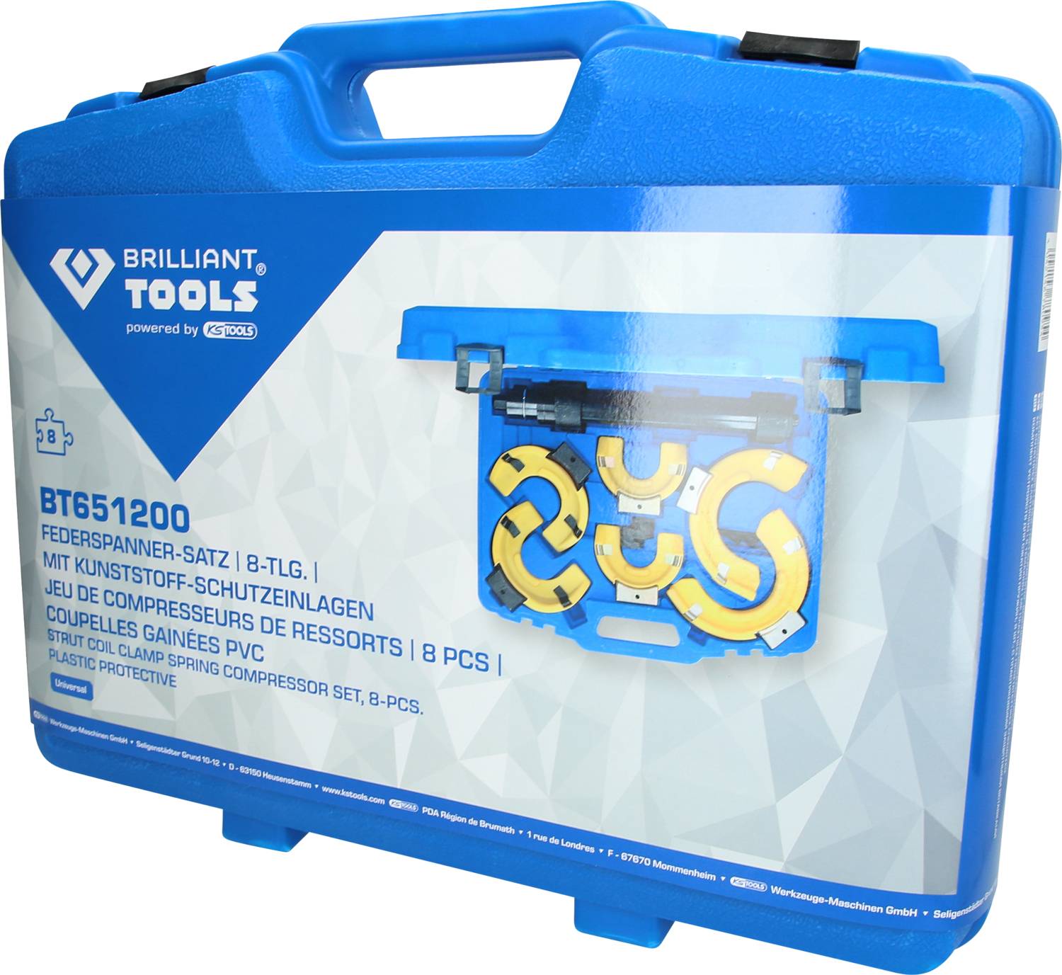 Blauer Koffer mit der Aufschrift 'Federspanner-Satz 8-tlg.' von Brilliant Tools, zeigt ein Bild des Werkzeugs.