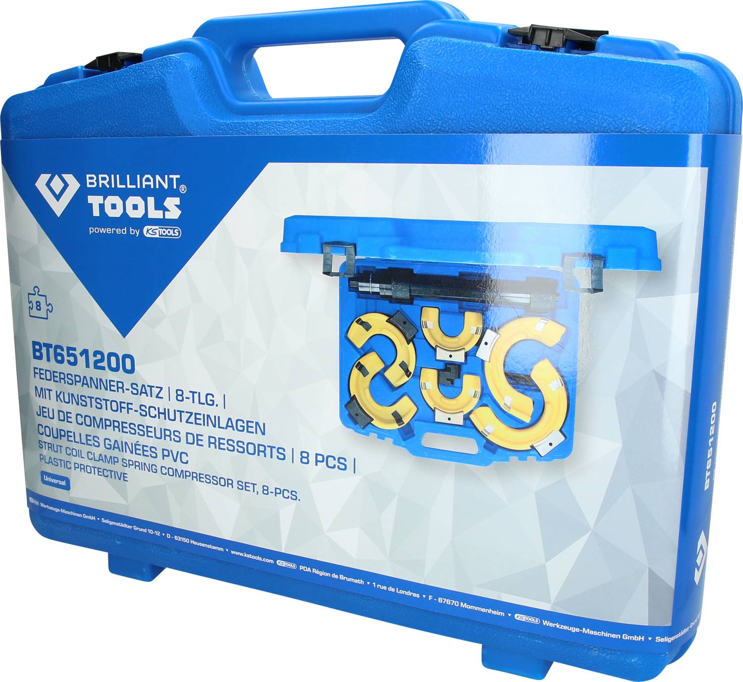 Blauer Werkzeugkoffer von 'Brilliant Tools' mit der Aufschrift 'BT651200 Federspanner-Satz 8-tlg.'. Enthält 8 Teile in Schutzverpackung.