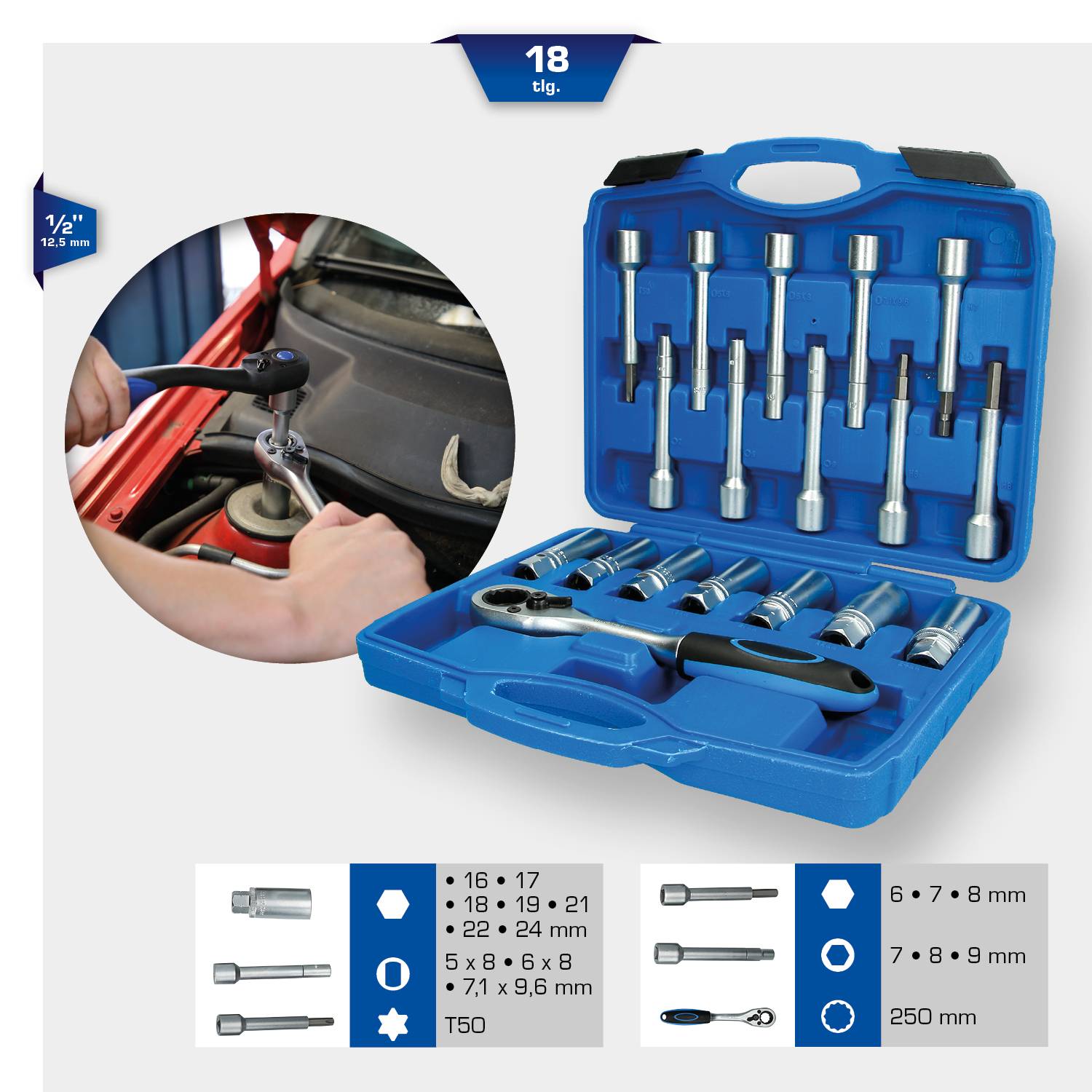 Ein 18-teiliges Steckschlüsselsatz-Set in einem blauen Koffer. Enthält verschiedene Größen von Stecknüssen und ein Schraubwerkzeug.