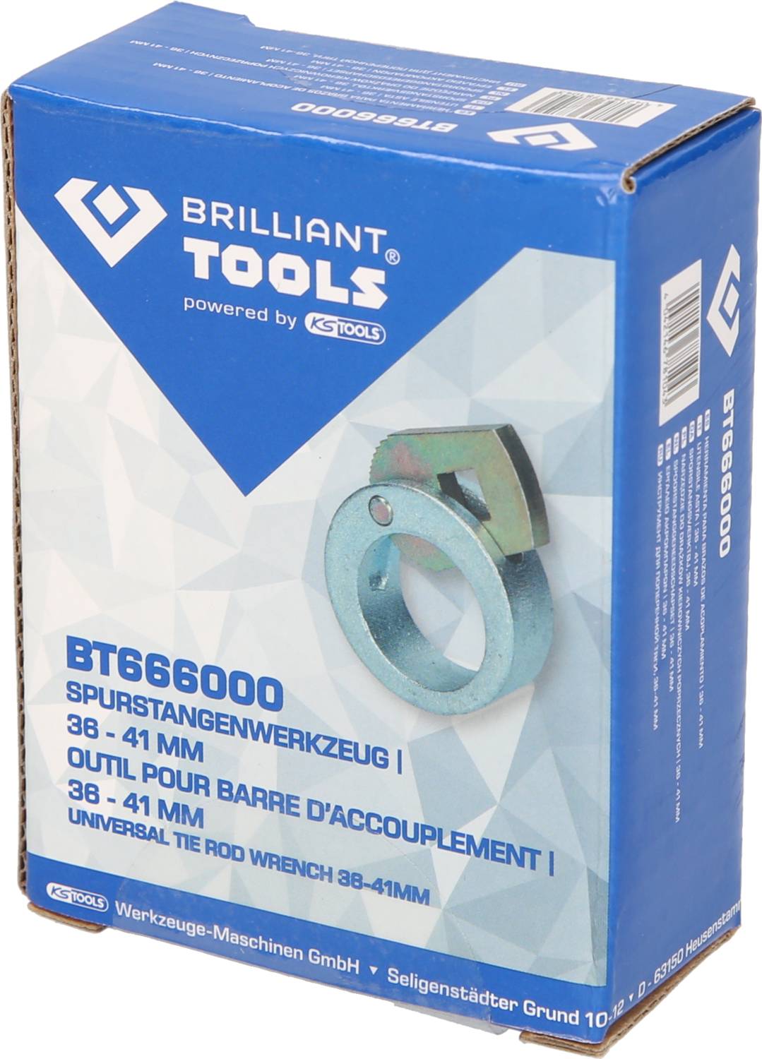 'Blauer Karton mit der Aufschrift "BRILLIANT TOOLS" und Abbildung eines Spurstandenwerkzeugs, Modell BT666000, 38-41 mm.'