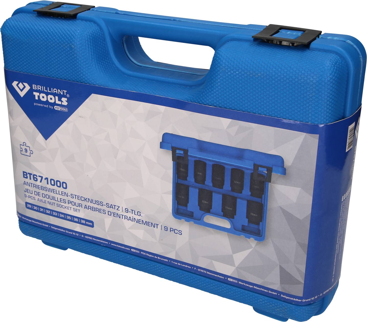 'Brilliant Tools BT671000' Steckschlüssel-Satz, 9-teilig, in einem blauen Kunststoffkoffer dargestellt.