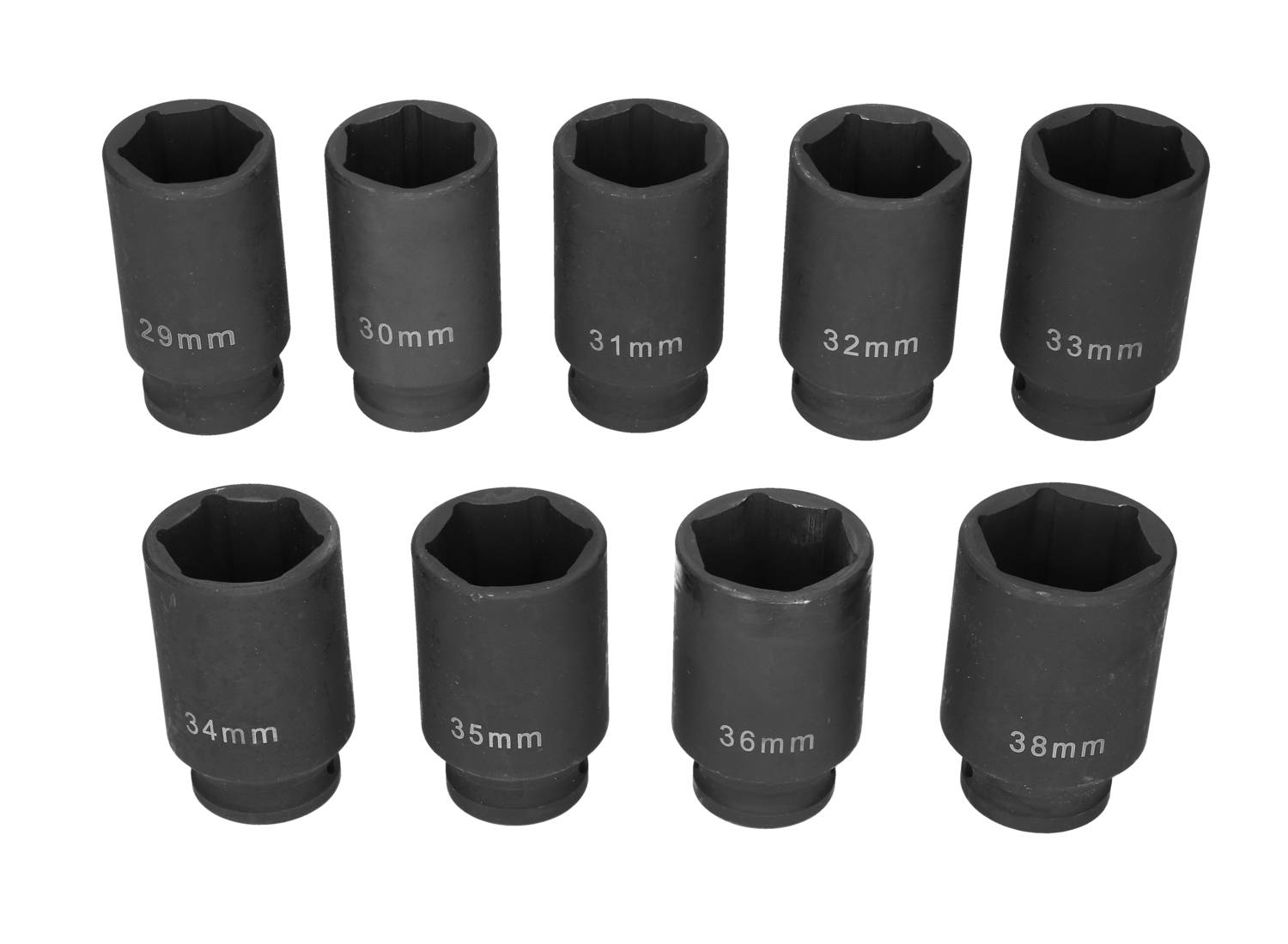 Zehn schwarze Steckschlüssel in verschiedenen Größen von 29 mm bis 38 mm, geordnet in zwei Reihen.