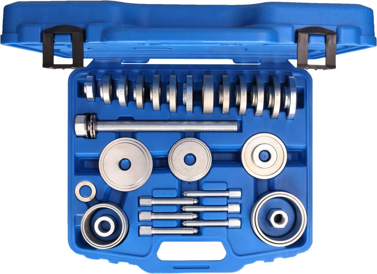 Ein blauer Koffer mit Autowerkzeugset, darunter Lagerbuchsen, Schrauben und Ringe, organisiert in einer Form.