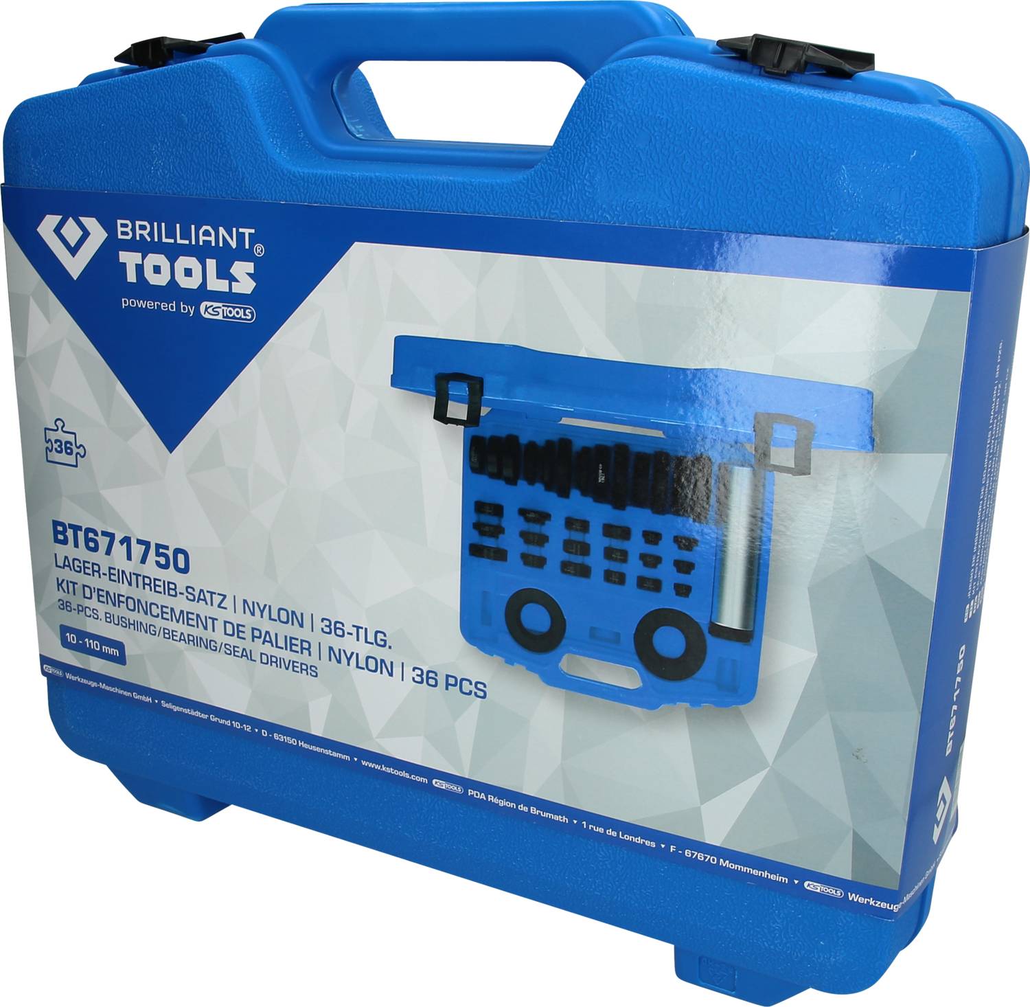 Blauer Werkzeugsatzkoffer 'BRILLIANT TOOLS' für Lager-Entfernungen, 36-teilig, Nylon-Material.