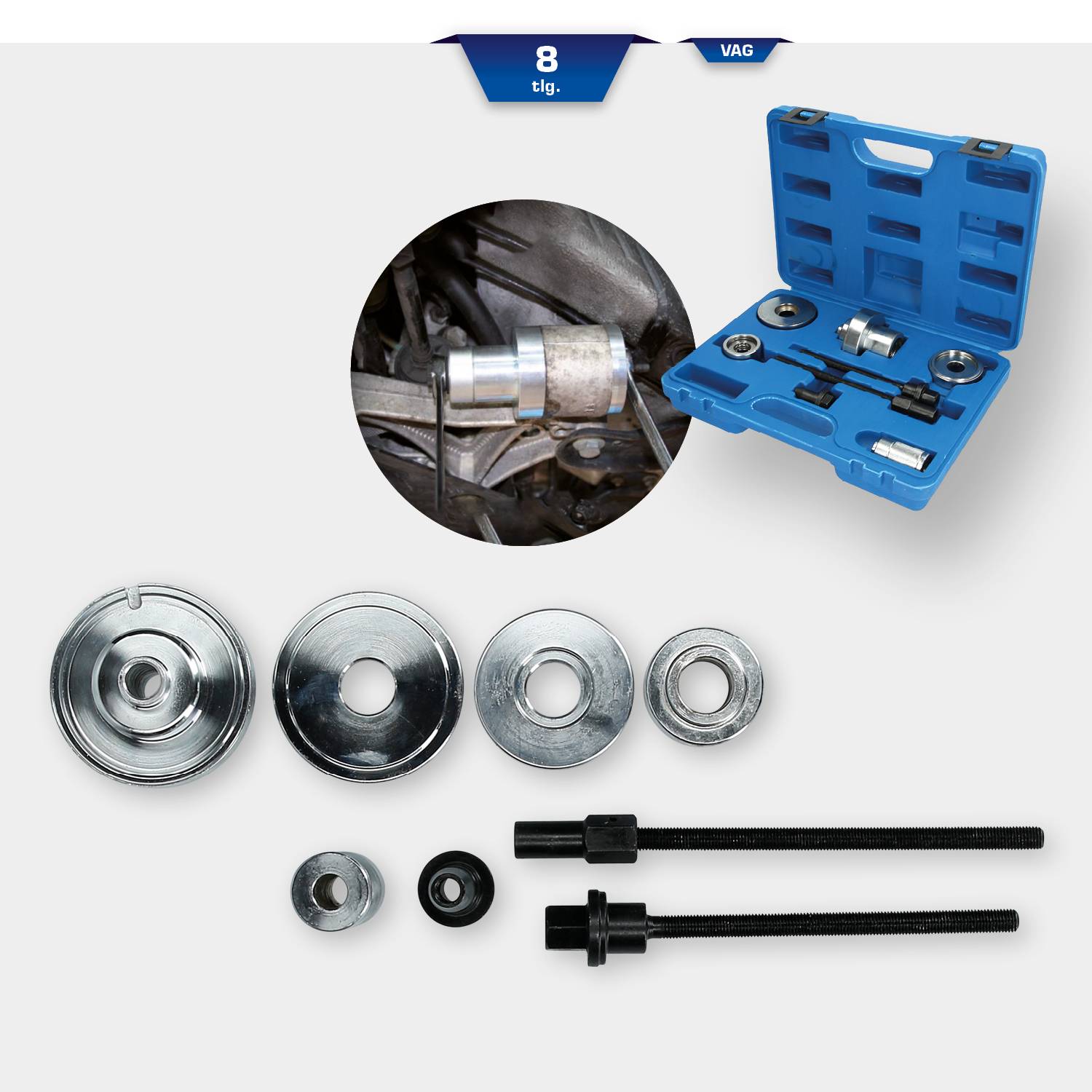'Werkzeugset zur Montage/Demontage von Autoteilen, bestehend aus Metallteilen und Schrauben, in blauem Koffer. Einsatz an Fahrzeugmotoren.'