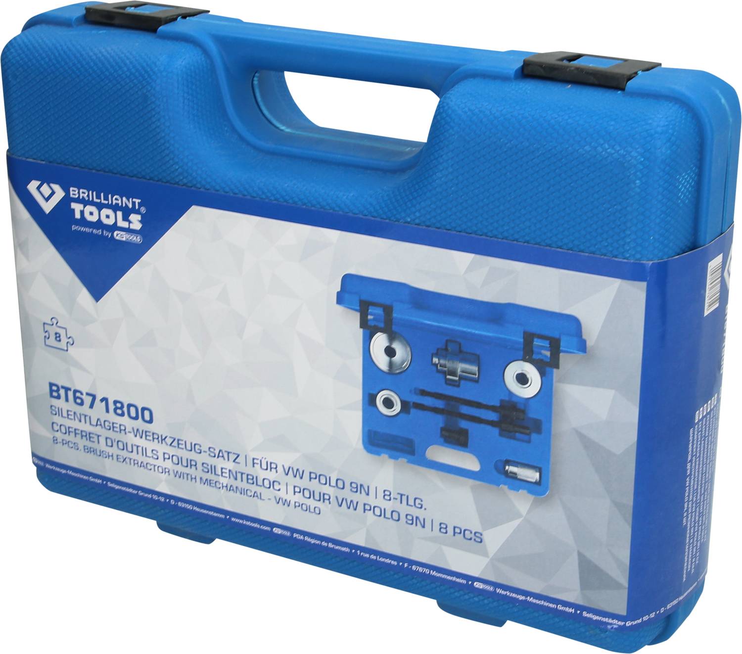 'Blauer Werkzeugkoffer mit der Aufschrift BT671800, Silentlager-Werkzeugsatz für VW Polo 9N, 8-teilig, von Brilliant Tools.'