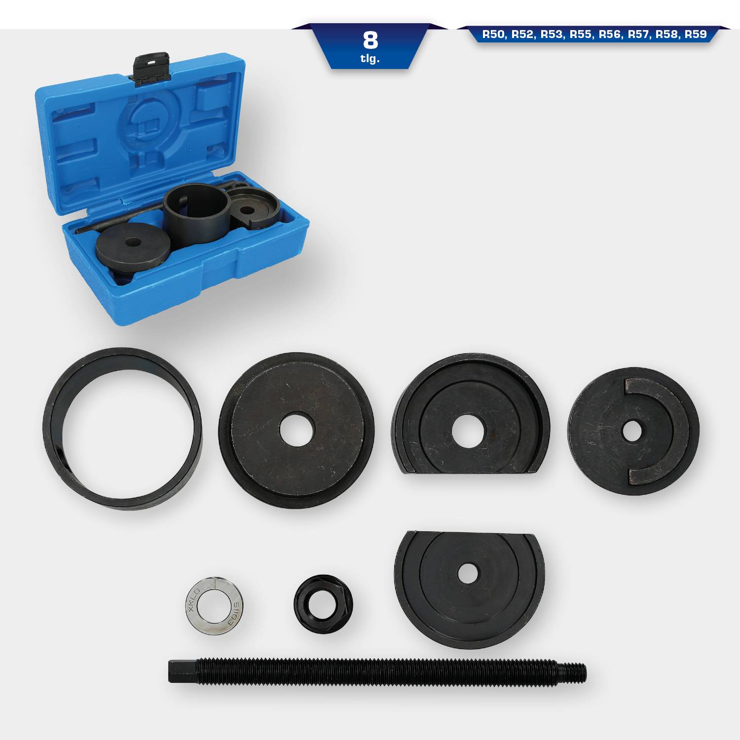 'Abziehersatz mit 8-teiligem Set, in blauem Koffer. Beinhaltet unterschiedliche runde Teile und eine Gewindestange für mechanische Arbeiten.'