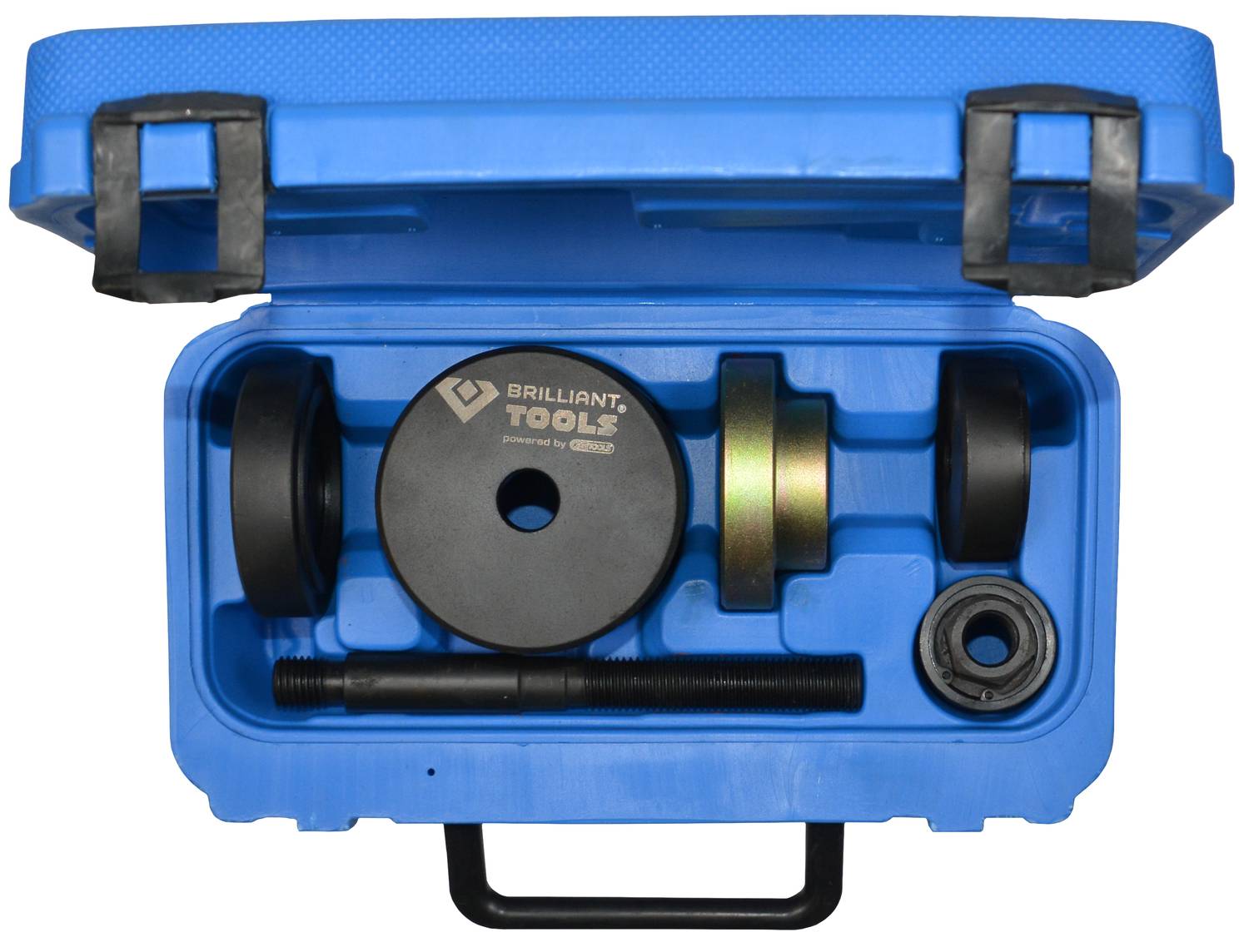 Ein blaues Werkzeugkoffer mit diversen Metallteilen und Werkzeugen, darunter Adapter und Schrauben, die zum Montieren oder Demontieren genutzt werden können.