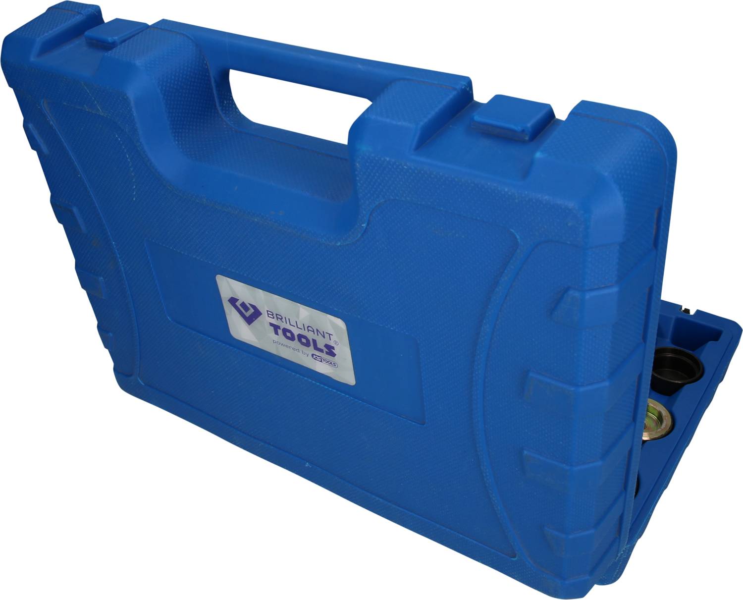 Blauer Werkzeugkoffer mit Tragegriff, teils geöffnet, enthält verschiedene Werkzeuge.