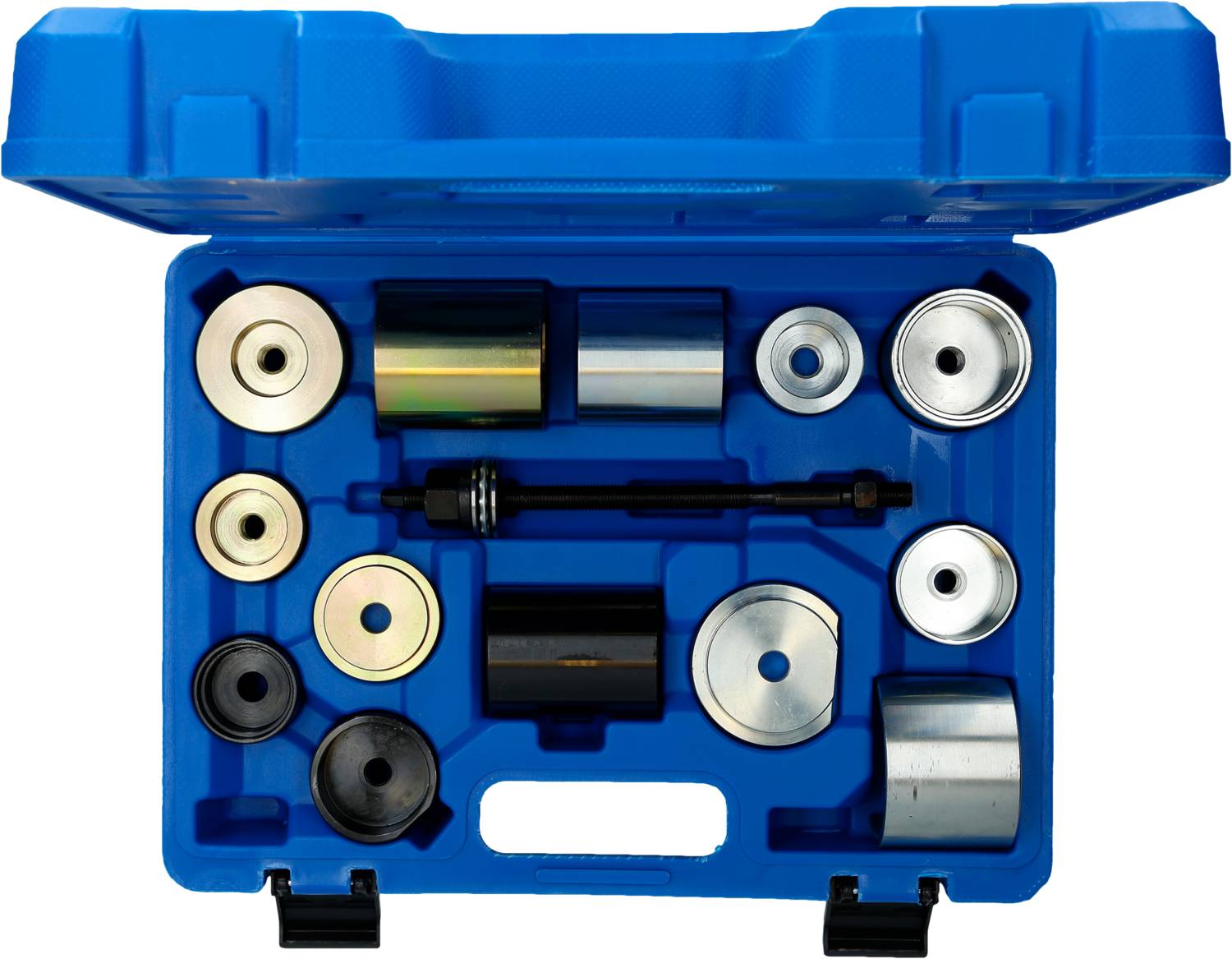 Ein blauer Werkzeugkoffer mit verschiedenen zylindrischen Metallteilen und einem Schraubenschlüssel, ordentlich in Fächer sortiert.