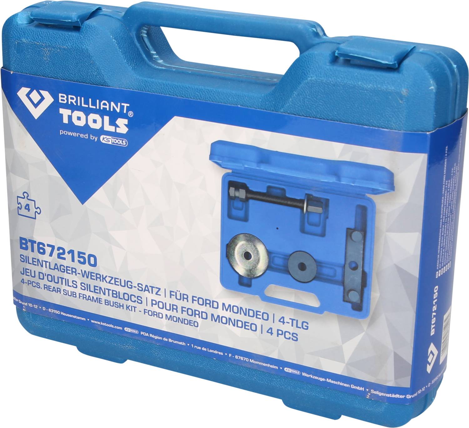 Blauer Werkzeugkoffer von Brilliant Tools, enthält einen 4-teiligen Silentlager-Werkzeugsatz für Ford Mondeo, Modell BT672150.