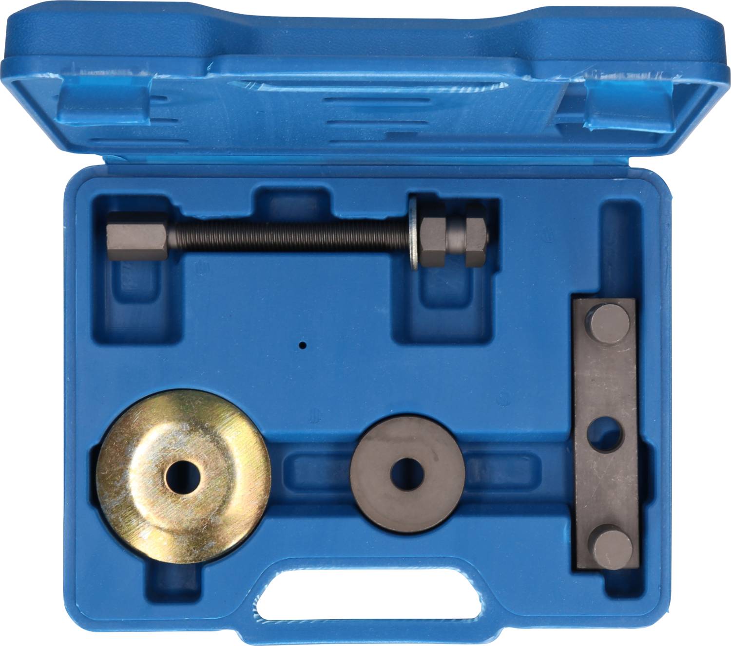 Ein Werkzeugset in blauer Kunststoffbox enthält Schrauben und Metallteile, vermutlich zur Reparatur oder Montage mechanischer Teile.