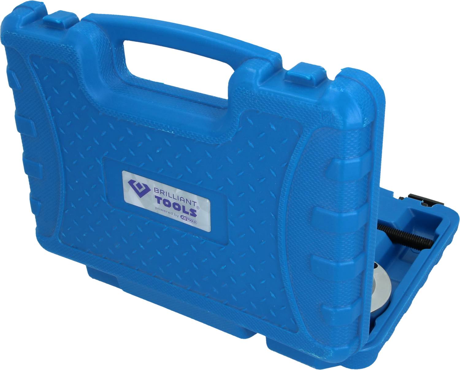 Ein blauer Werkzeugkoffer mit dem Logo 'Brilliant Tools'. Der Koffer ist teilweise geöffnet und zeigt einen Schraubenschlüssel im Inneren.
