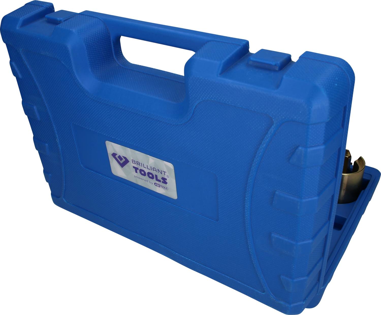 Blauer Werkzeugkoffer mit Tragegriff, 'Brilliant Tools' Logo auf dem Etikett, aufrechter Stand. Enthält Werkzeuge, nicht sichtbar.