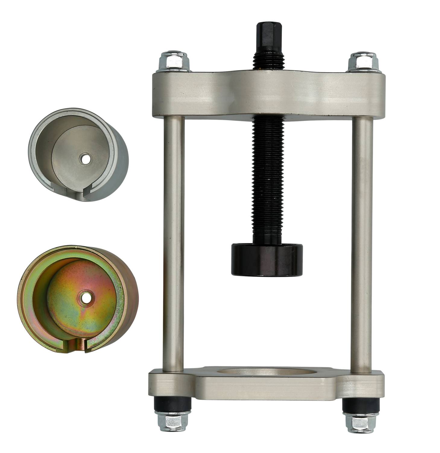 Ein Werkzeugset zur Buchsenentfernung/-installation mit Druckschraube, zwei Adapterhülsen. Ideal für Fahrwerkreparaturen.