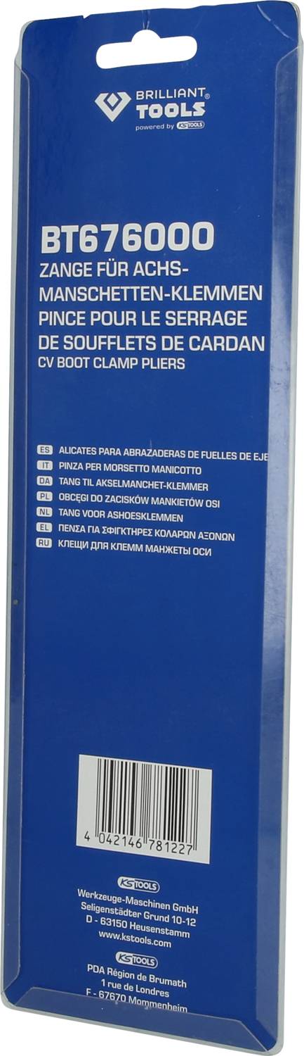 'Brilliant Tools' Verpackung für Zange, Modell BT676000. Text in mehreren Sprachen. Blau-weiße Gestaltung. Strichcode unten.