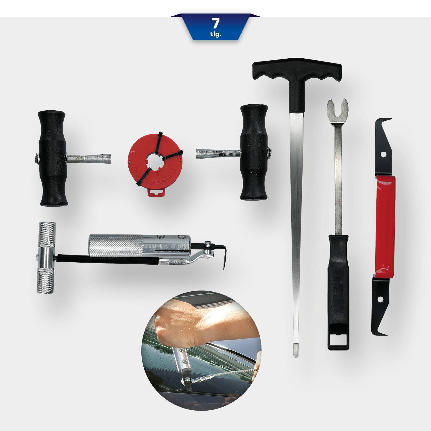 Ein Siebenteiliges Autoreparaturset liegt ausgebreitet, bestehend aus Ziehwerkzeugen und Hebeln. Perfekt zum Ausbeulen.