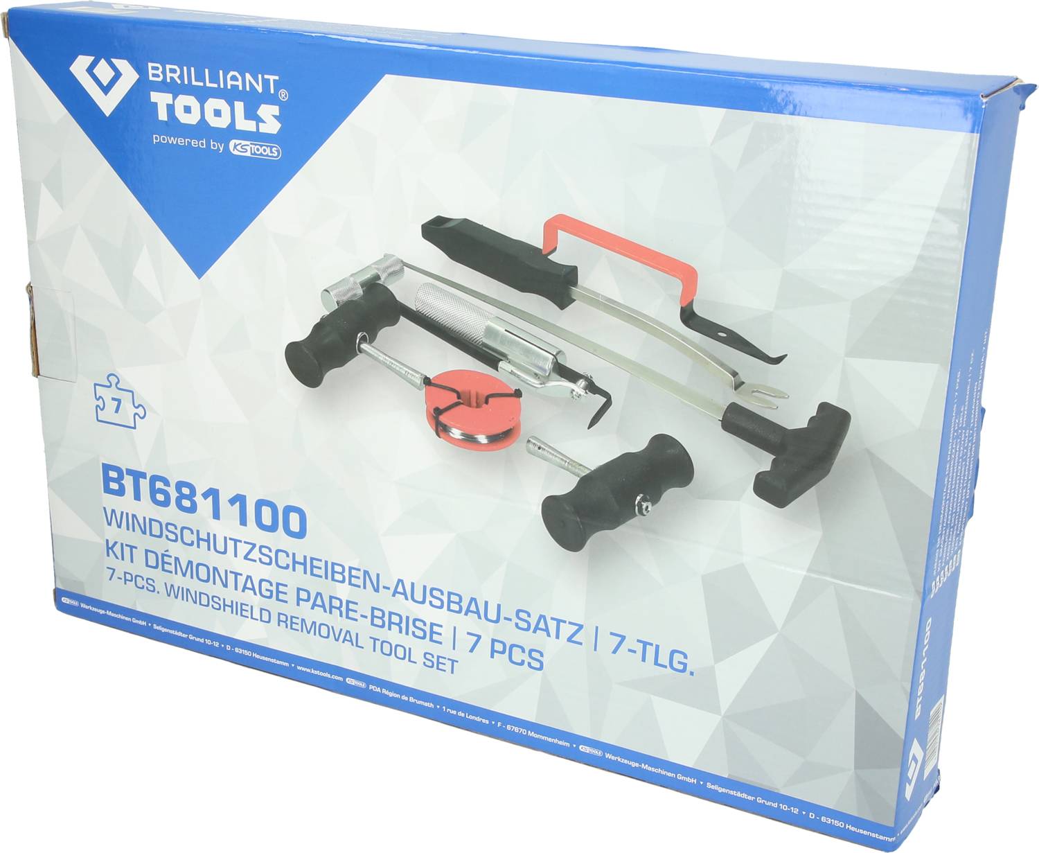 'Brilliant Tools' 7-teiliges Windschutzscheiben-Ausbau-Werkzeugset, einschließlich verschiedener Werkzeuge in blauem Karton.