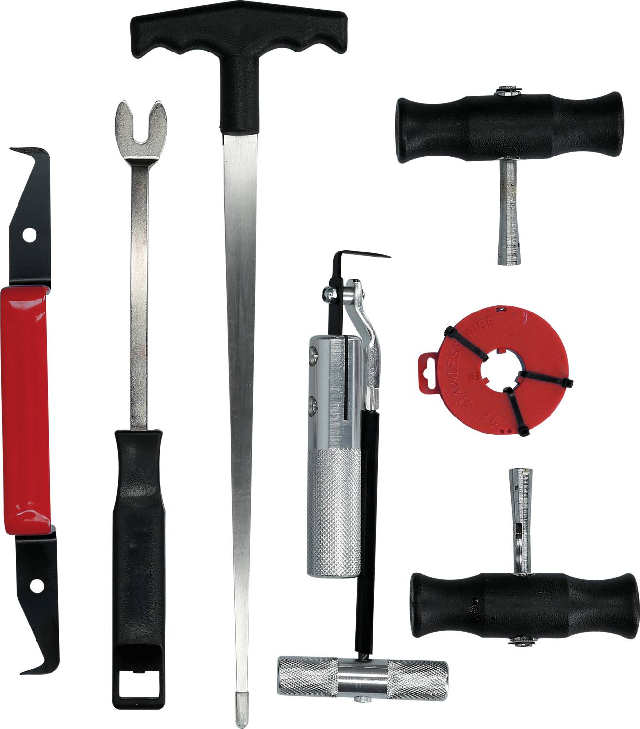 Eine Sammlung von Autoreparaturwerkzeugen, darunter Hebel, T-Griff-Werkzeuge und ein Reifendruckprüfer, auf weißem Hintergrund.