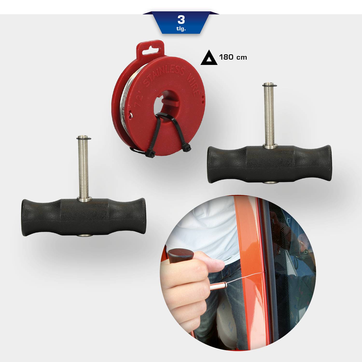 'Anzeige eines 3-teiligen Werkzeugs zum Entfernen von Autoscheiben, inklusive Rundmesser, Zuggriff und Detailansicht der Anwendung.'