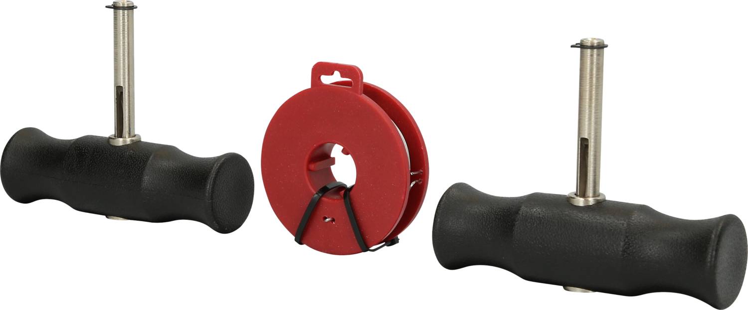 Zwei schwarze Griffe mit einem roten Kunststoff-Schlauchhalter in der Mitte; Werkzeuge für den manuellen Gebrauch.