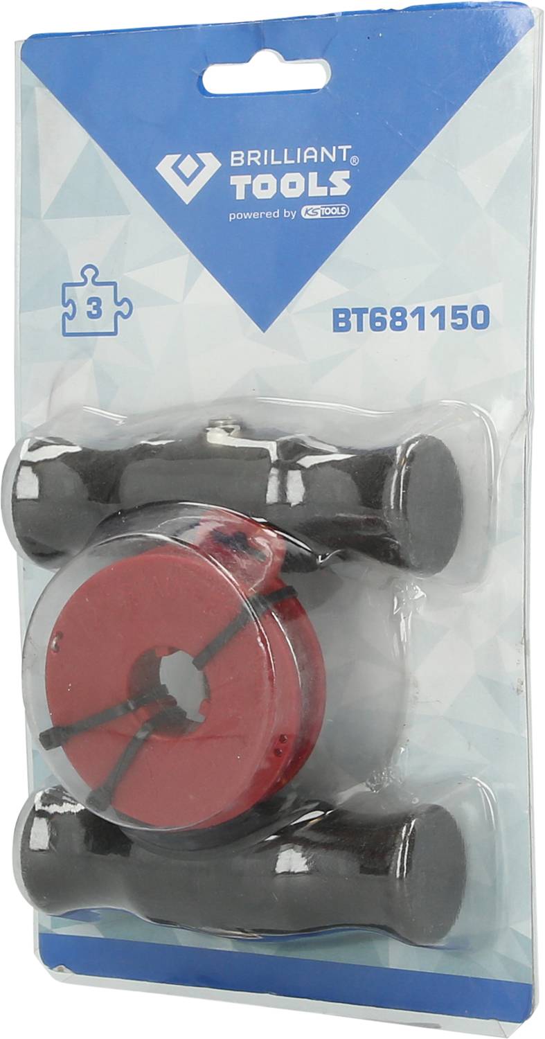 Verpackung mit rotem Werkzeug und schwarzem Zubehör, beschriftet 'Brilliant Tools BT681150'.