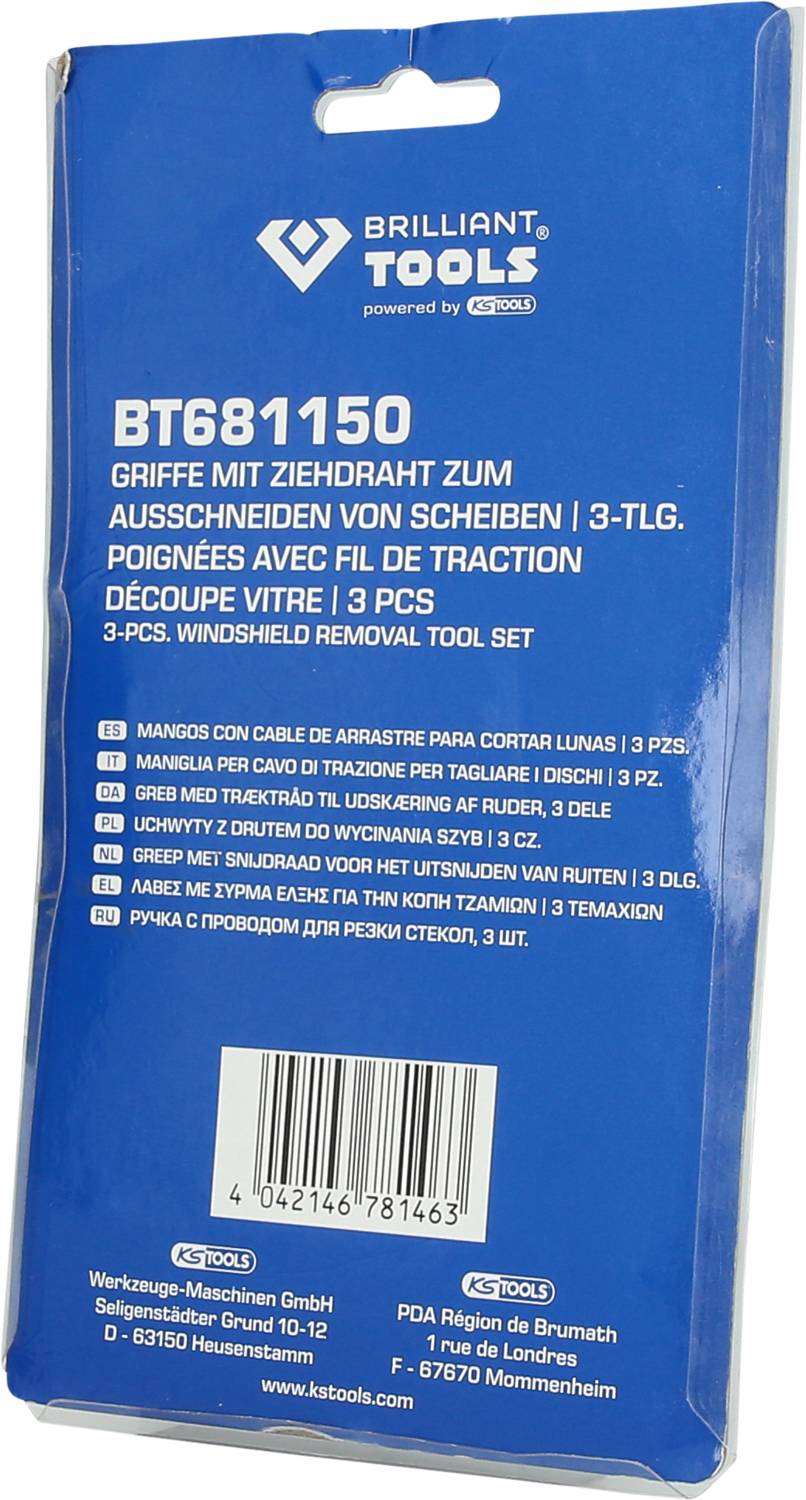 Verpackung eines 3-teiligen Griffe-Entfernungssatzes für Windschutzscheiben, Nummer BT681150, mit mehrsprachiger Produktbeschreibung.