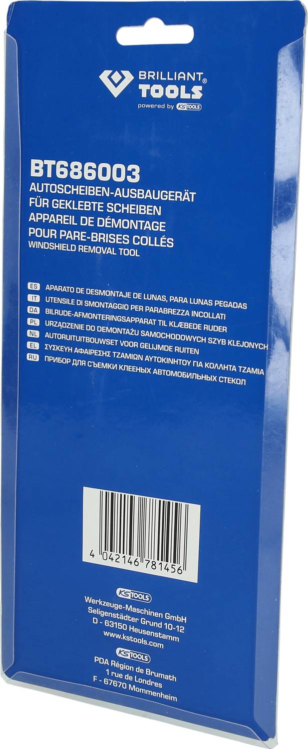 Verpackung eines Autoglasentfernung-Werkzeugs. Der Text nennt die Produktnummer BT686003 und beschreibt das Werkzeug mehrsprachig.