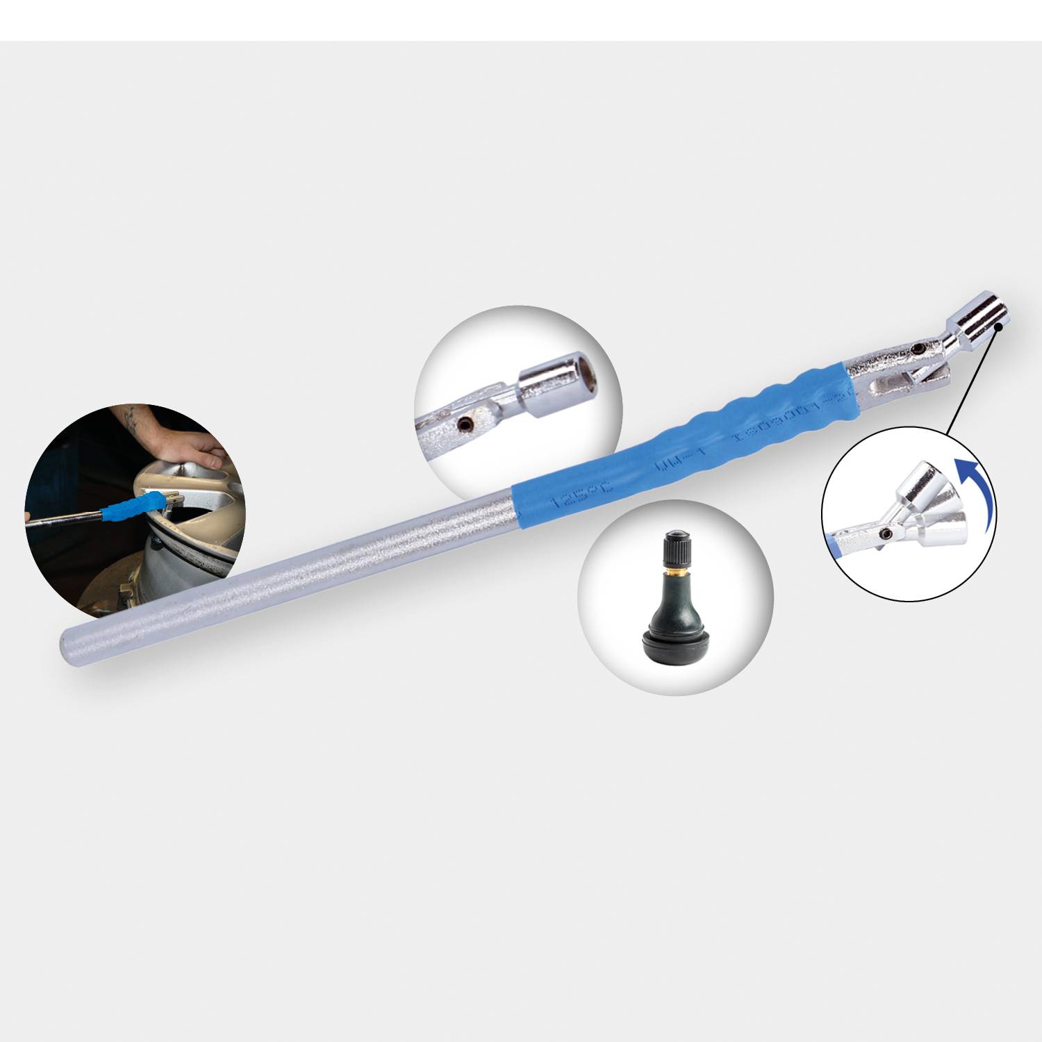 Ein Reifenventileinsatz-Entferner mit ergonomischem Griff und Metallspitze, wird in Nahaufnahmen bei der Anwendung gezeigt.