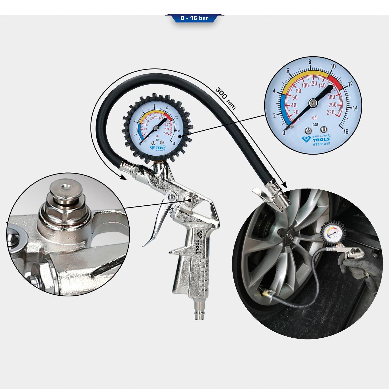 'Reifendruckprüfer mit Manometer, Schlauch und Düsenanschluss. Zeigt Reifendruck in Bar an. Ideal für genaue Druckmessung.'