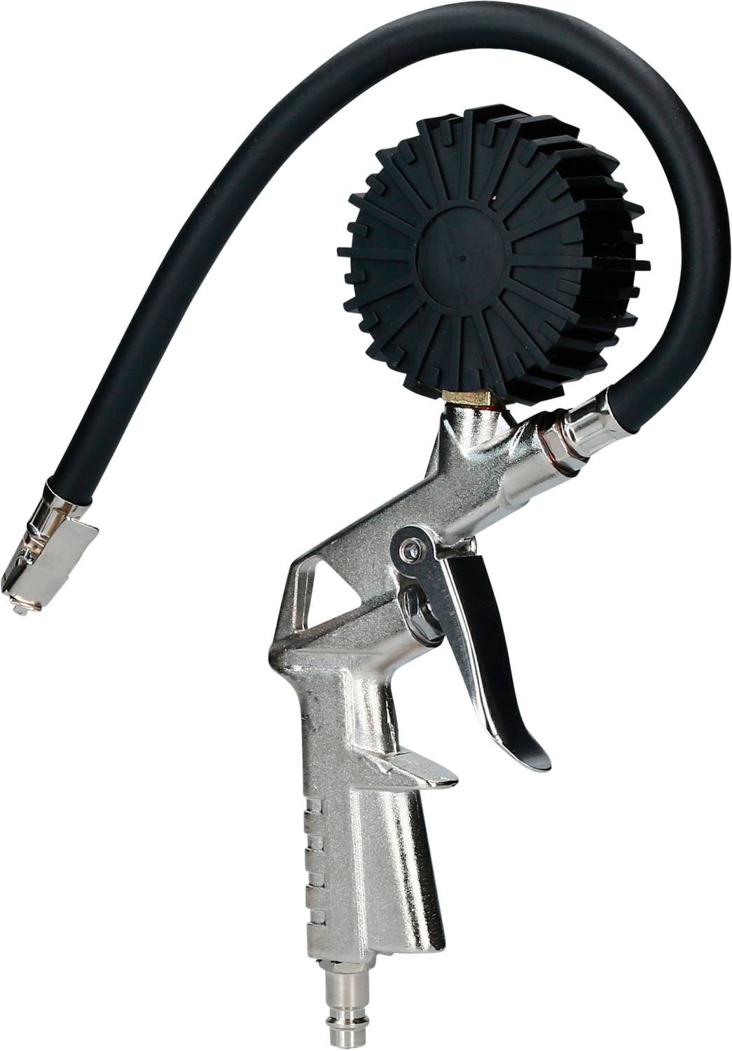 Druckluftpistole mit Manometer zur Reifendruckmessung, silbernes Gehäuse, schwarzer Schlauch und Druckanzeiger.