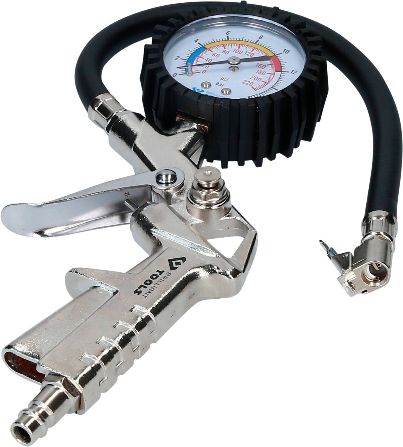 Reifendruckprüfer mit Manometer und Schlauch. Silbernes Gehäuse, rundes Anzeigefeld mit Farbskala zur Druckmessung in Bar und PSI.