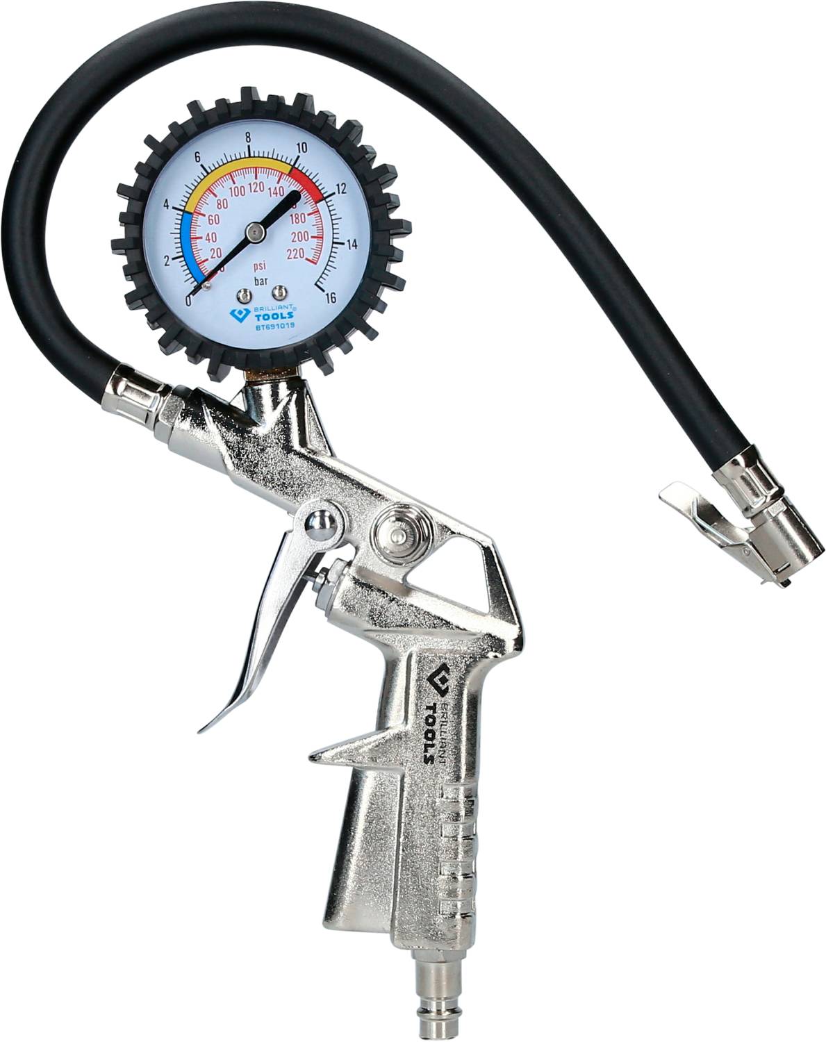 Silberne Reifendruckpistole mit rundem Manometer und schwarzem Schlauch. Geeignet zum Messen und Regulieren des Reifendrucks.