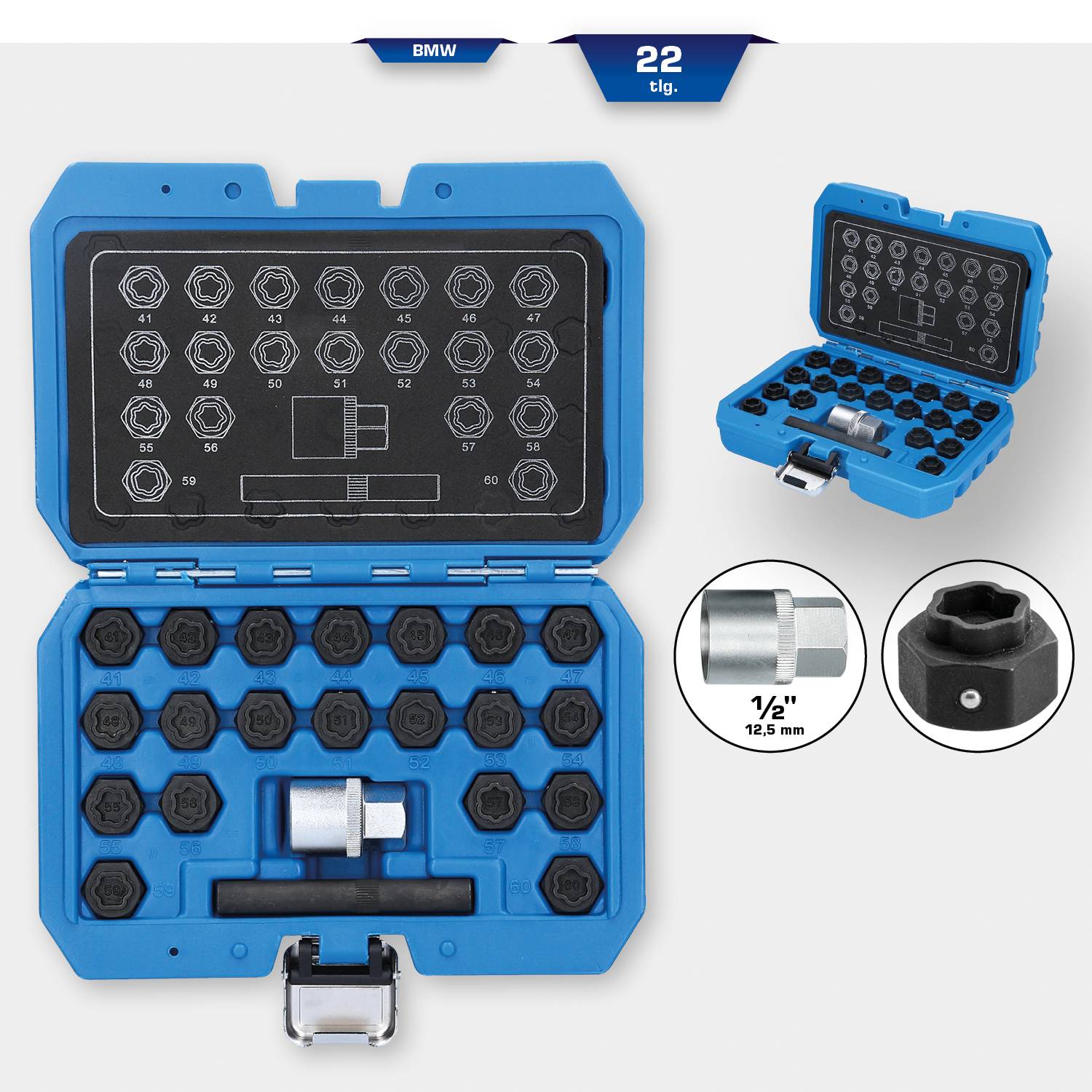 Ein blauer Koffer mit Bits und Stecknüssen, geordnet nach Größe, enthält 22 Teile für BMW. Eine Nahaufnahme zeigt einen ausgewählten Stecknuss.