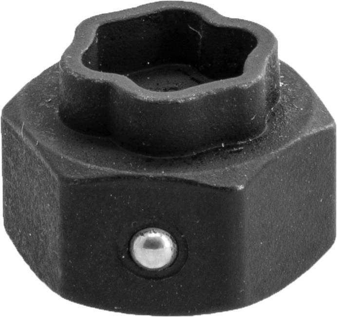 Ein schwarzer Metallsteckschlüssel mit sechseckiger und Sternform-Öffnung. Verwendet zum Lösen oder Festziehen von speziellen Schrauben.