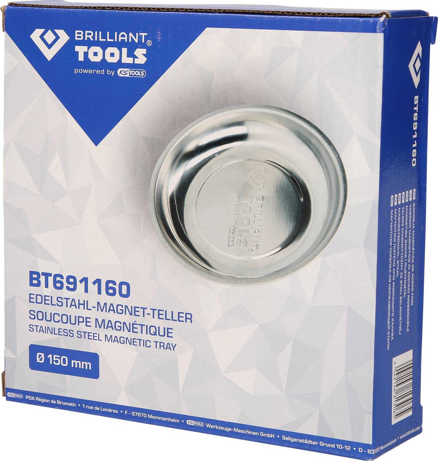 Verpackung mit Edelstahl-Magnetteller 'BT691160', Durchmesser 150 mm, von Brilliant Tools. Aufdrucke in Deutsch, Englisch und Französisch.