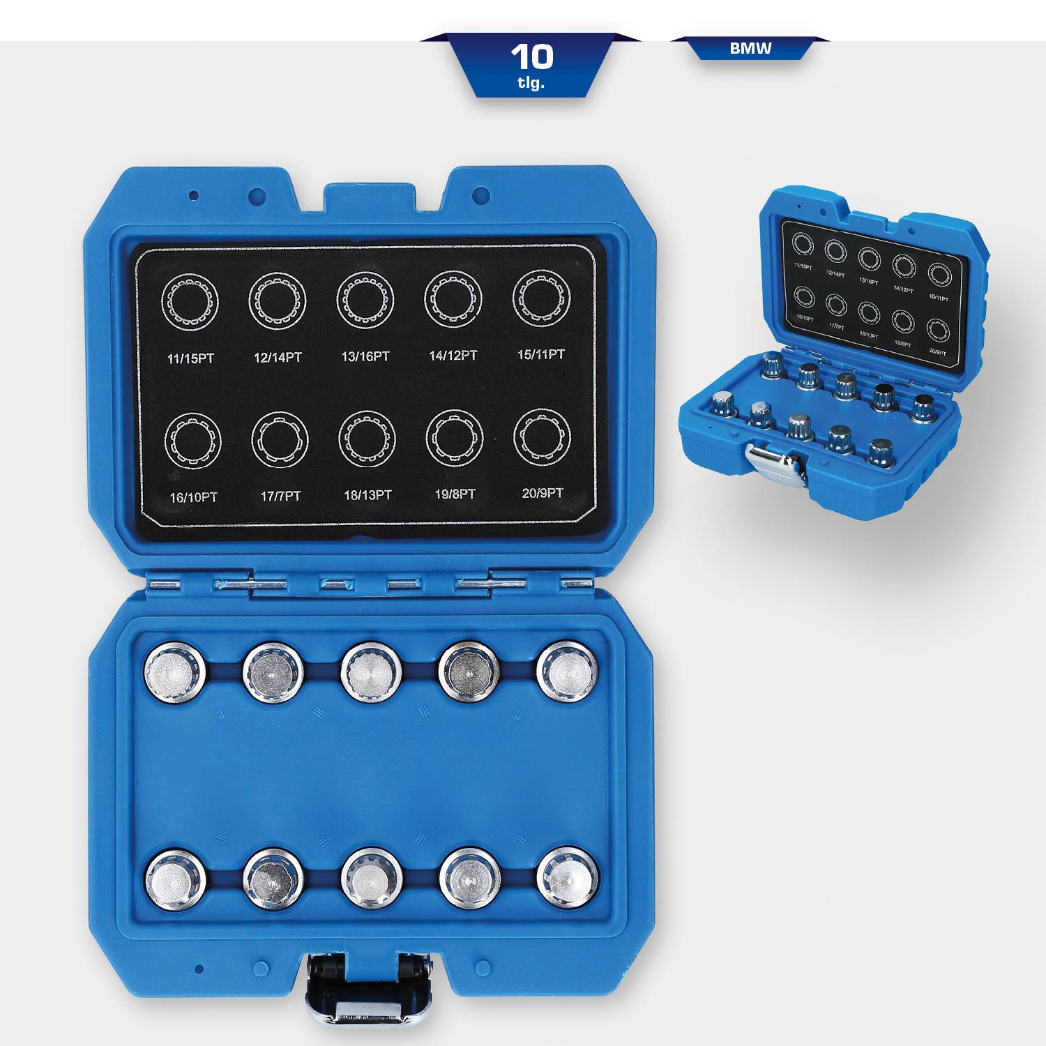 'Satz von 10 speziellen BMW-Nussaufsätzen in blauem Koffer, verschiedene Größen von 11 bis 20 mm.'