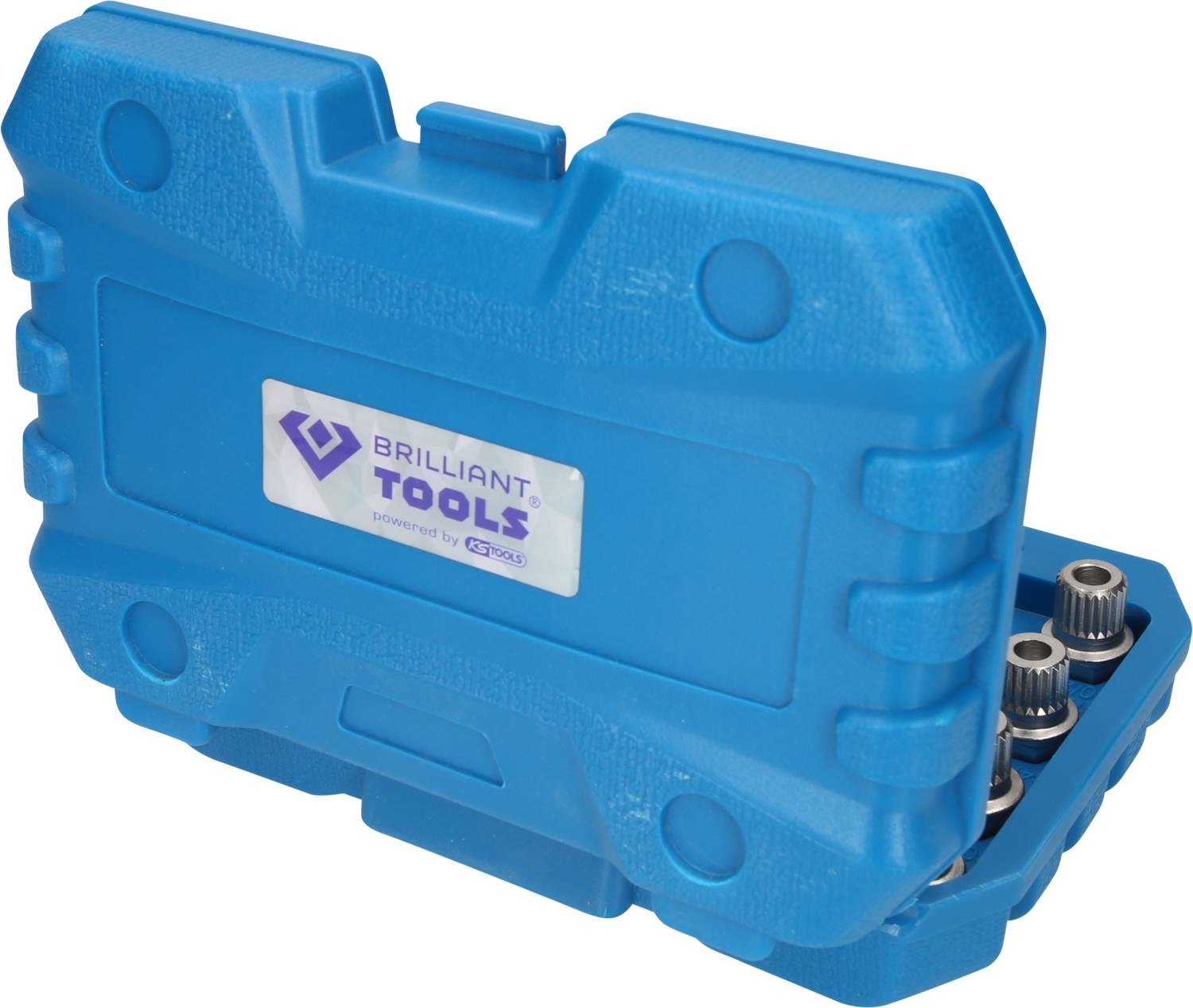 Ein blauer Werkzeugkoffer mit der Aufschrift 'Brilliant Tools' ist teilweise geöffnet. Einige metallische Werkzeuge sind sichtbar.