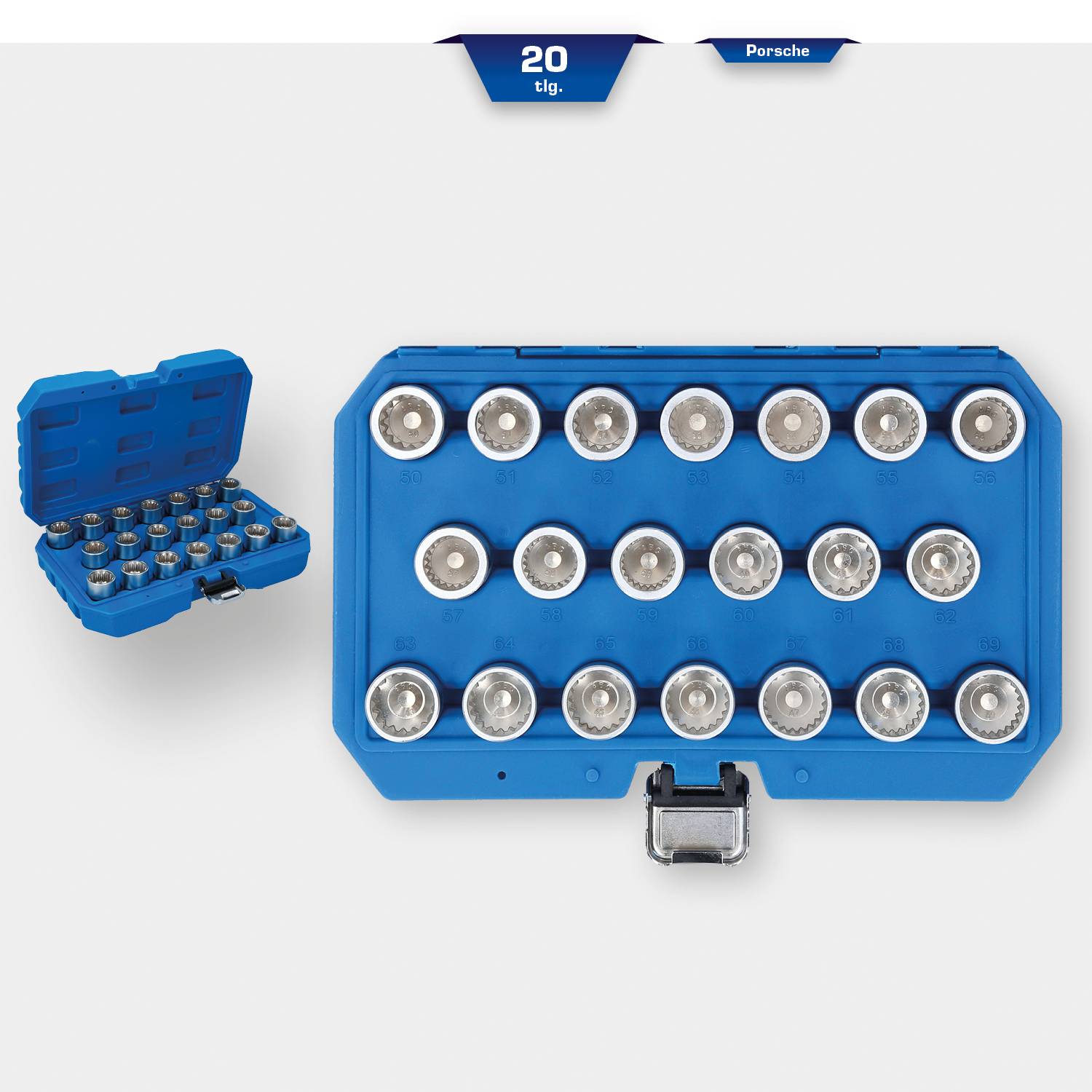 Eine blaue Werkzeugbox mit 20 silbernen Einsätzen, die geöffnet auf einer weißen Oberfläche liegt.