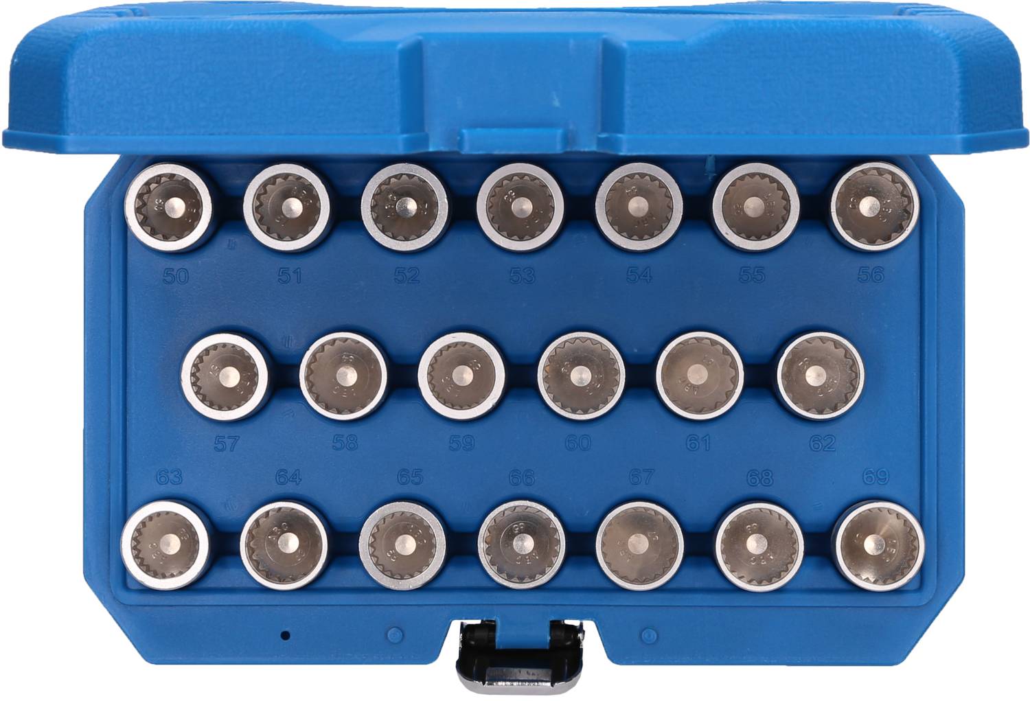 Eine blaue Box mit zwei Reihen silberner Hülsen, je zehn Stück pro Reihe, sichtbar von oben.