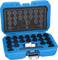 Ein blauer Werkzeugkoffer mit verschiedenen Steckschlüsseln und einem Adapter. Die Innenseite des Deckels zeigt Grafiken der enthaltenen Steckschlüsseleinsätze.