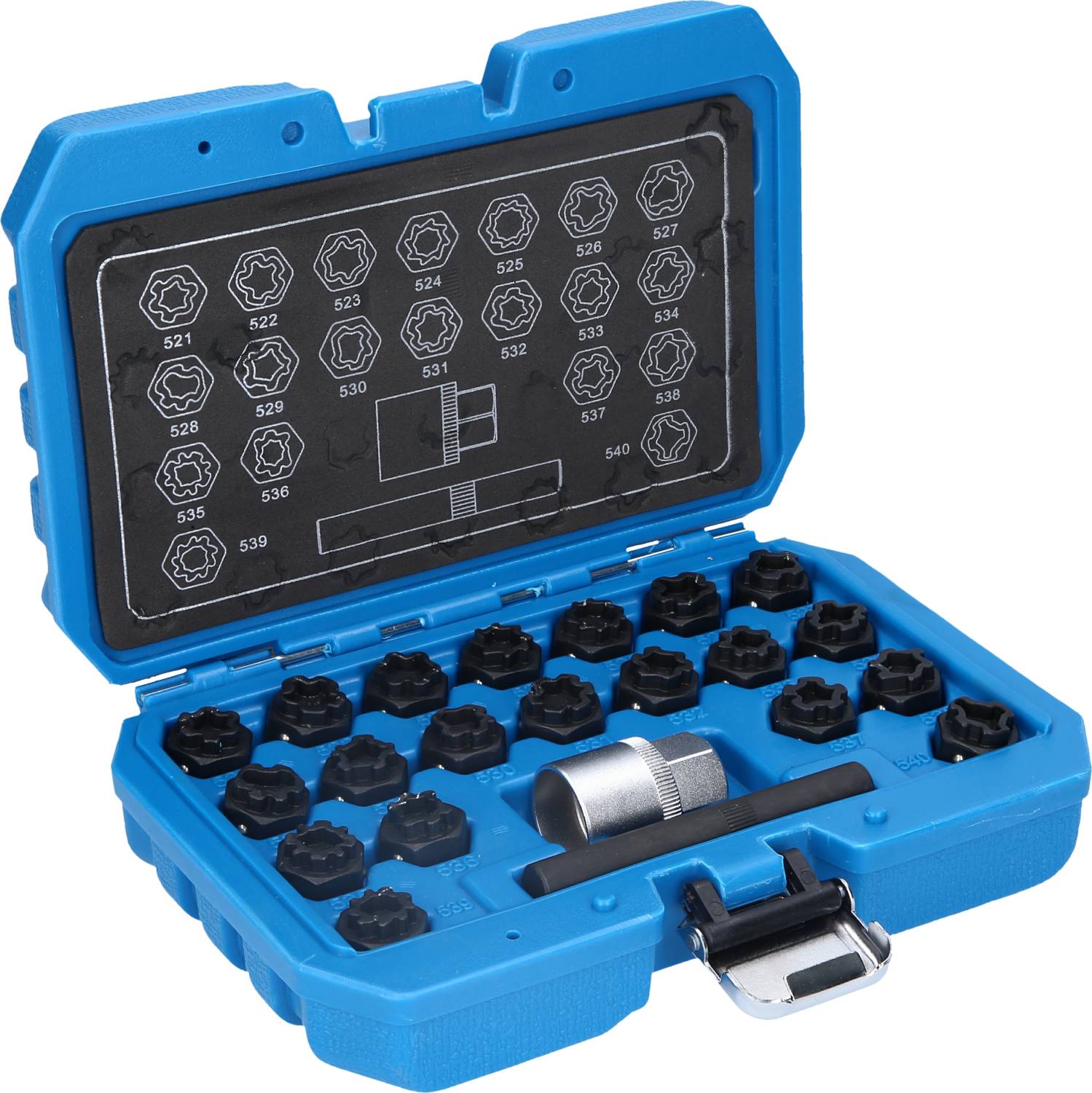 Blauer Werkzeugsatz mit 24 Stecknüsse in verschiedenen Größen und einem Griff, zur Reparatur und Wartung geeignet.