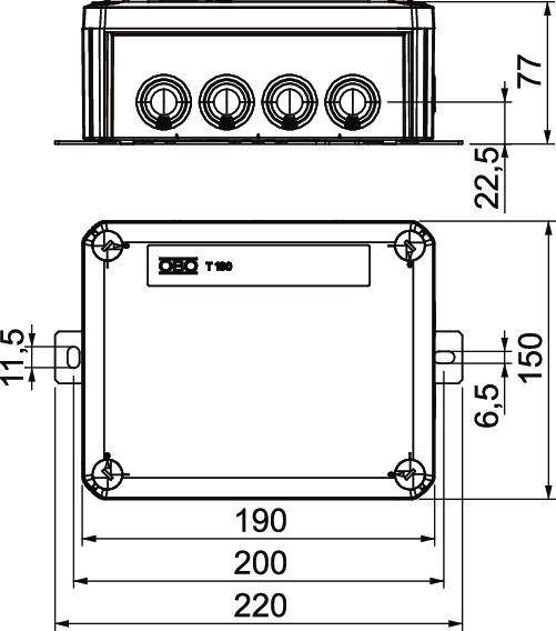 Technische Zeichnung eines rechteckigen Gehäuses mit Maße: Länge 220mm, Breite 150mm, Höhe 77mm; Lochdurchmesser 6,5mm.
