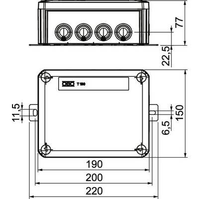 Technische Zeichnung eines rechteckigen Gehäuses mit Maße: Länge 220mm, Breite 150mm, Höhe 77mm; Lochdurchmesser 6,5mm.