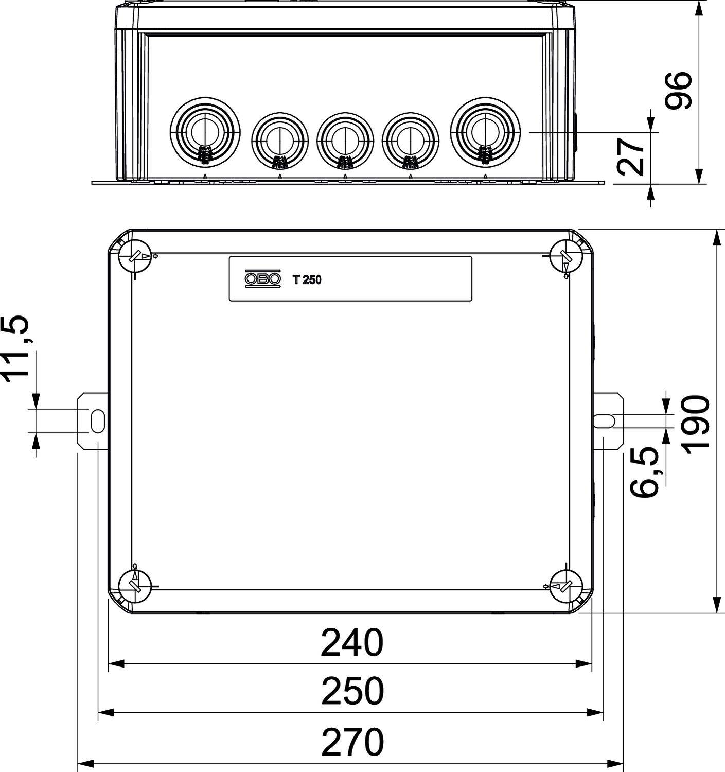 Technische Zeichnung eines rechteckigen Gehäuses mit Maßen 240x190x96 mm. Oben fünf Kabelanschlüsse, seitlich Maße in mm.