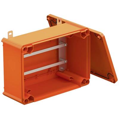 Orangefarbene, rechteckige Kunststoffbox mit abnehmbarem Deckel. Sie hat seitliche Öffnungen für Kabeldurchführungen und Metallträger im Inneren.