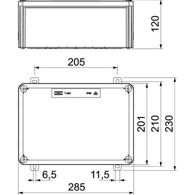 'Technische Zeichnung eines rechteckigen Geräts mit Abmessungen: 205 x 120 mm (oben) und 285 x 230 mm (unten). Modell T 350, Schutzklasse IP66.'