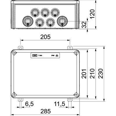 Technische Zeichnung eines rechteckigen Gehäuses mit Abmessungen: 285 mm breit, 230 mm hoch. Sechs Anschlussöffnungen oben.